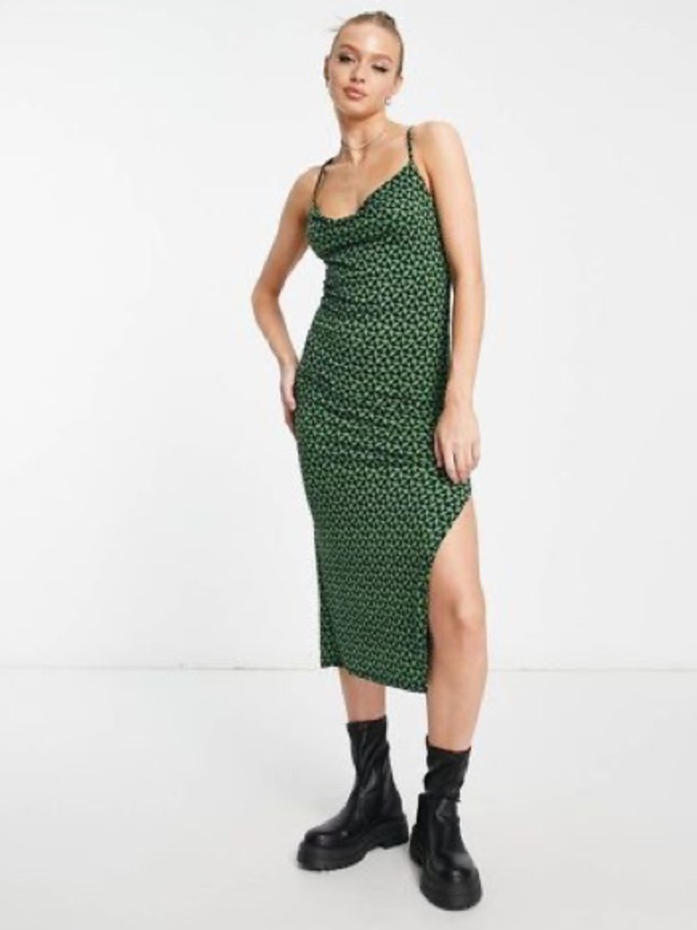 Abercrombie & Fitch Sleeveless Green Cowl Neck Slip Fitted Midi Dress Size Large